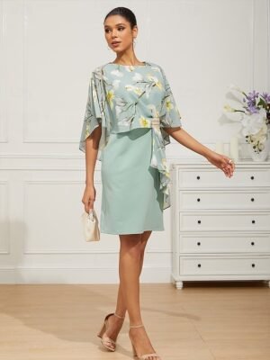 Elegant Classic Floral Crew Neck Half Sleeve Midi Dress Set - Image 8
