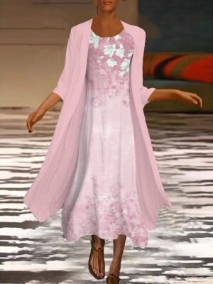 Elegant Classic Floral Crew Neck Long Sleeve Midi Dress Set - Image 12