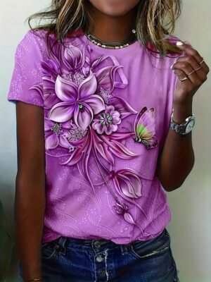 Elegant Comfort Fit 3D Butterfly Print Crew Neck Short Sleeve Fashion Top - Image 1