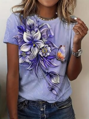 Elegant Comfort Fit 3D Butterfly Print Crew Neck Short Sleeve Fashion Top - Image 2