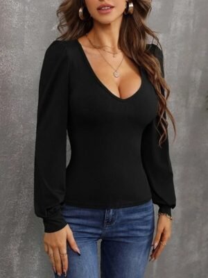 Elegant Cute Sexy Pure Colour U Neck Lantern Sleeve Long Sleeve Regular Top - Image 3
