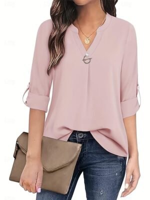 Elegant Dressy Solid Beaded Notched Neck Short Sleeve Blouse - Image 1