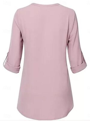 Elegant Dressy Solid Beaded Notched Neck Short Sleeve Blouse - Image 3