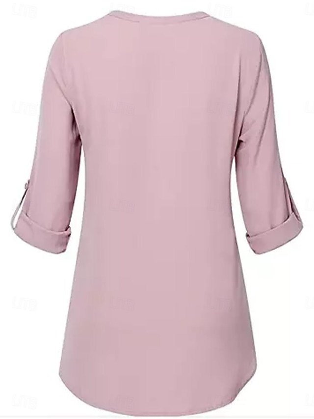 Elegant Dressy Solid Beaded Notched Neck Short Sleeve Blouse - Image 3