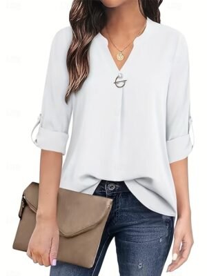 Elegant Dressy Solid Beaded Notched Neck Short Sleeve Blouse - Image 4