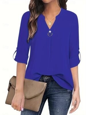 Elegant Dressy Solid Beaded Notched Neck Short Sleeve Blouse - Image 6