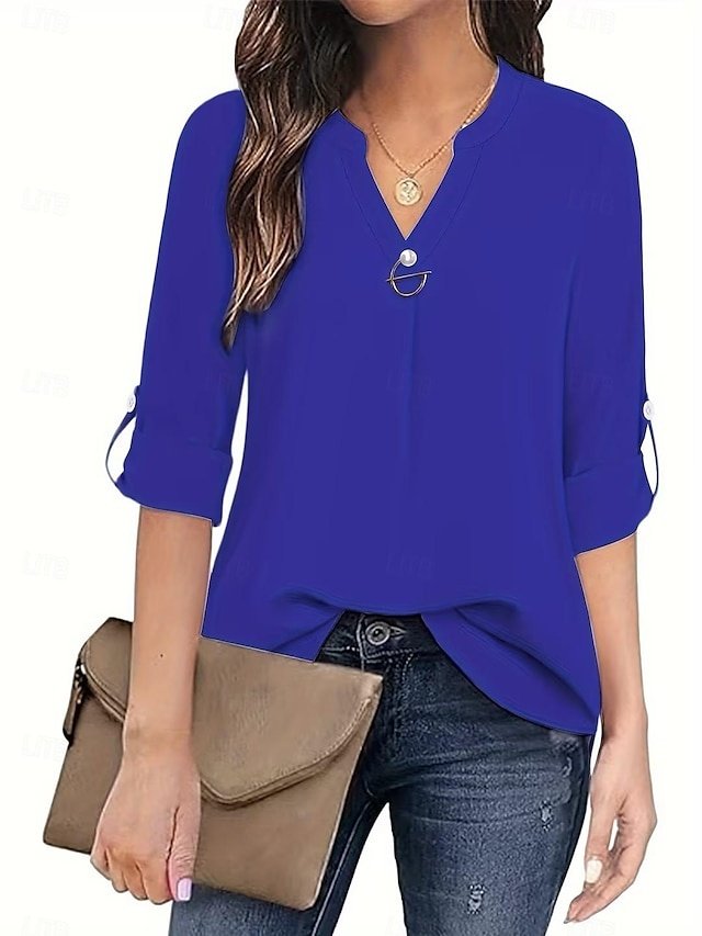 Elegant Dressy Solid Beaded Notched Neck Short Sleeve Blouse - Image 6