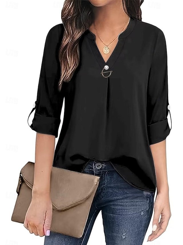 Elegant Dressy Solid Beaded Notched Neck Short Sleeve Blouse - Image 7