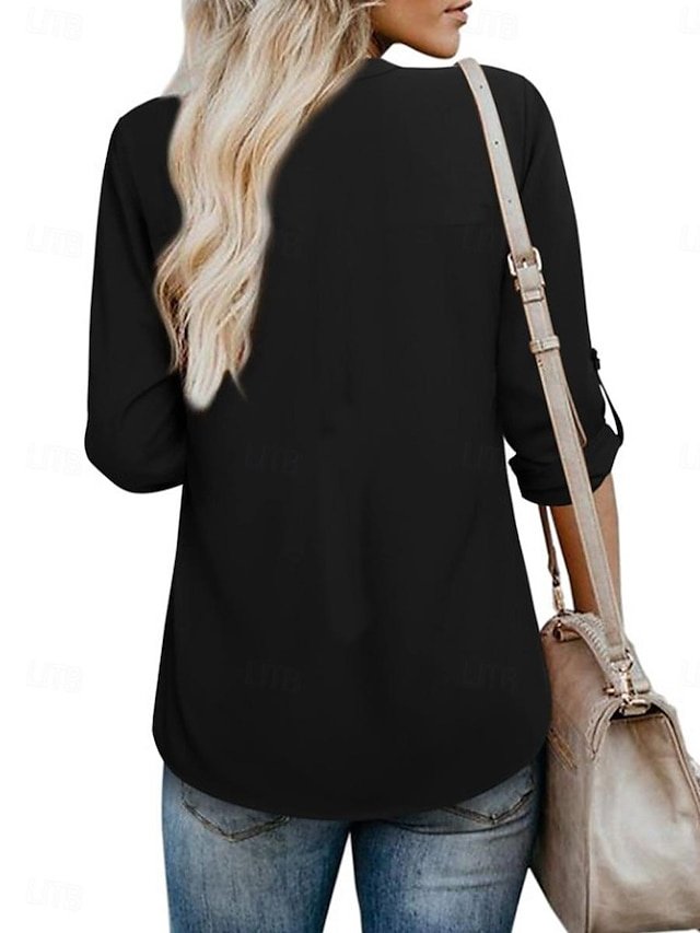 Elegant Dressy Solid Beaded Notched Neck Short Sleeve Blouse - Image 8
