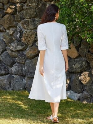 Elegant Empire Waist Floral V Neck Short Sleeve Midi Sundress - Image 5