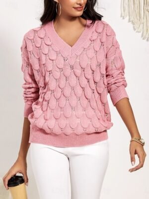 Elegant Fashion Floral V Neck Hollow Out Long Sleeve Regular Knit Top - Image 1