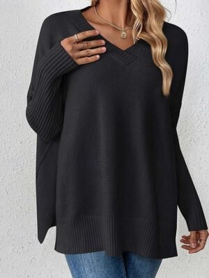 Elegant Fashion Loose Solid V Neck Long Sleeve Long Sweater - Image 10