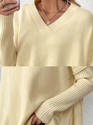 Elegant Fashion Loose Solid V Neck Long Sleeve Long Sweater - Image 3