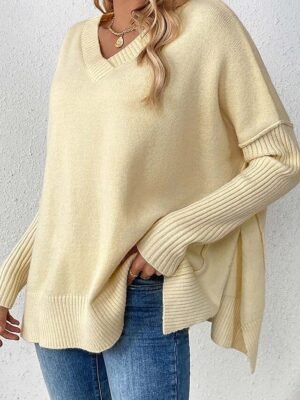 Elegant Fashion Loose Solid V Neck Long Sleeve Long Sweater - Image 4