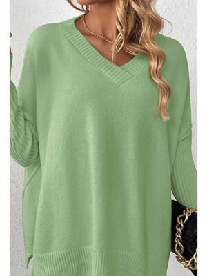 Elegant Fashion Loose Solid V Neck Long Sleeve Long Sweater - Image 6