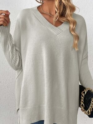 Elegant Fashion Loose Solid V Neck Long Sleeve Long Sweater - Image 7