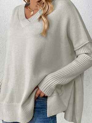 Elegant Fashion Loose Solid V Neck Long Sleeve Long Sweater - Image 8