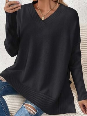Elegant Fashion Loose Solid V Neck Long Sleeve Long Sweater - Image 9