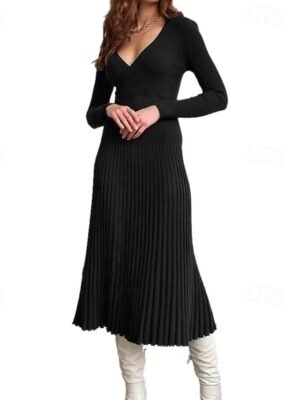Elegant Fashion Pleated V Neck Long Sleeve Sweater Dress - Image 7