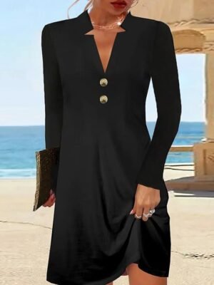 Elegant Fitted Button V Neck Long Sleeve Mini Dress - Image 1