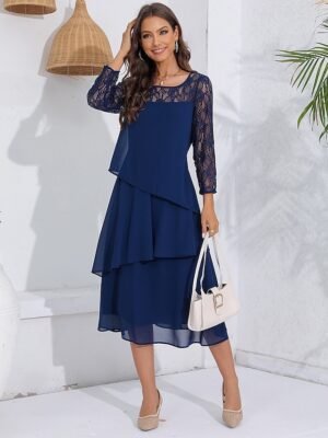 Elegant Fitted Lace Crew Neck Long Sleeve Midi Cocktail Dress - Image 1
