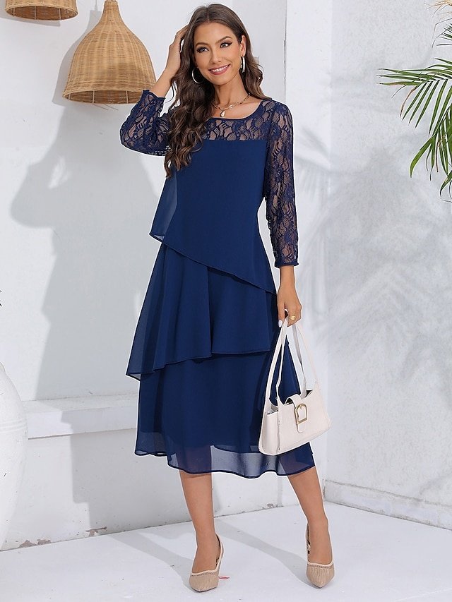 Elegant Fitted Lace Crew Neck Long Sleeve Midi Cocktail Dress - Image 1