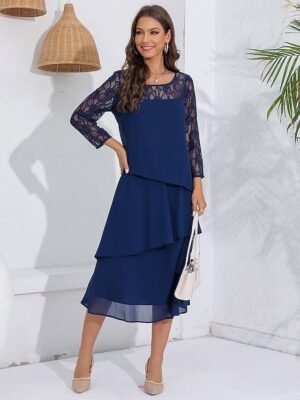 Elegant Fitted Lace Crew Neck Long Sleeve Midi Cocktail Dress - Image 2