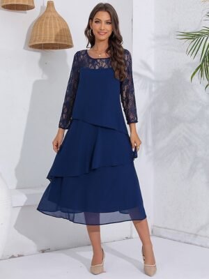 Elegant Fitted Lace Crew Neck Long Sleeve Midi Cocktail Dress - Image 3