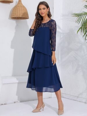 Elegant Fitted Lace Crew Neck Long Sleeve Midi Cocktail Dress - Image 4
