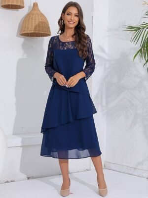 Elegant Fitted Lace Crew Neck Long Sleeve Midi Cocktail Dress - Image 5
