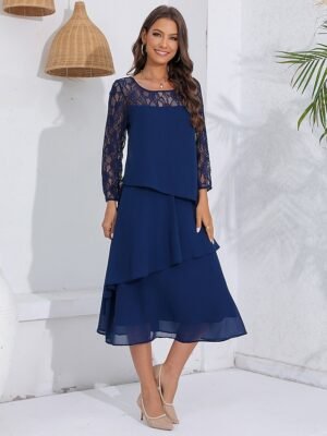 Elegant Fitted Lace Crew Neck Long Sleeve Midi Cocktail Dress - Image 6