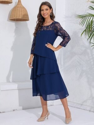 Elegant Fitted Lace Crew Neck Long Sleeve Midi Cocktail Dress - Image 7