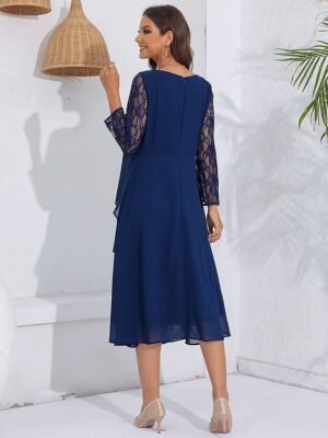 Elegant Fitted Lace Crew Neck Long Sleeve Midi Cocktail Dress - Image 8