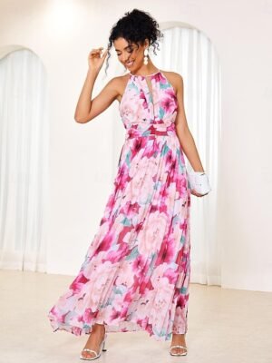 Elegant Flowy Floral Halter Neck Sleeveless Maxi Dress - Image 2