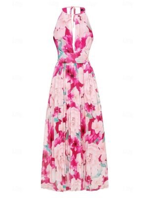 Elegant Flowy Floral Halter Neck Sleeveless Maxi Dress - Image 7