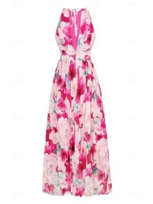 Elegant Flowy Floral Halter Neck Sleeveless Maxi Dress - Image 8