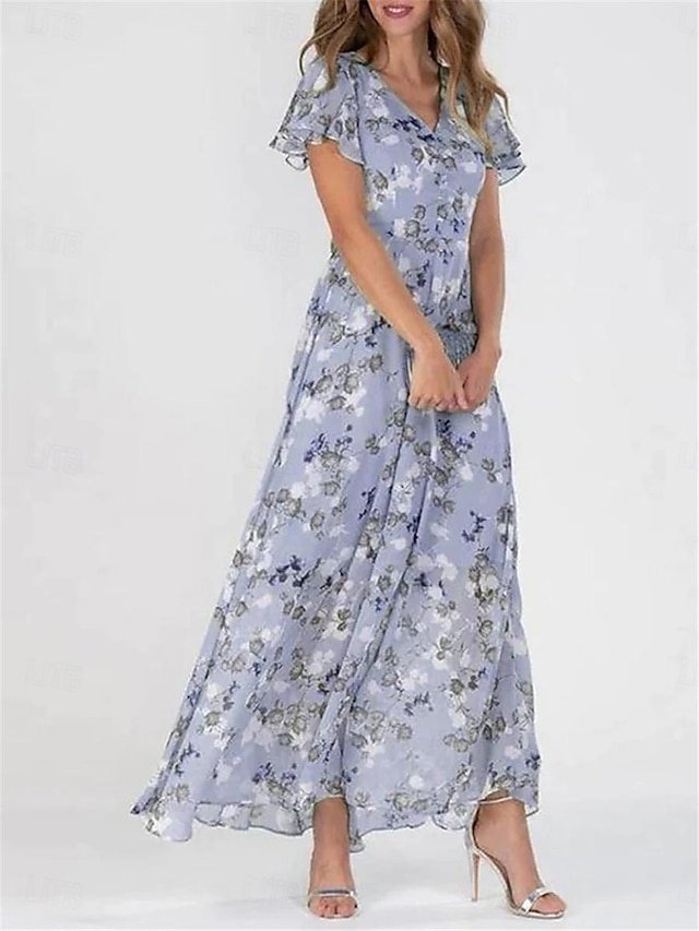 Elegant Flowy Floral V Neck Flutter Sleeve Maxi Dress - Image 2