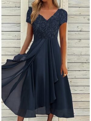 Elegant Flowy Floral V Neck Short Sleeve Midi Chiffon Dress - Image 1