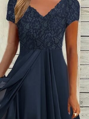 Elegant Flowy Floral V Neck Short Sleeve Midi Chiffon Dress - Image 2