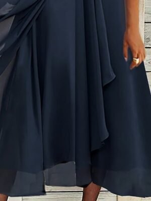 Elegant Flowy Floral V Neck Short Sleeve Midi Chiffon Dress - Image 3