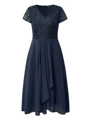 Elegant Flowy Floral V Neck Short Sleeve Midi Chiffon Dress - Image 4