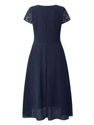 Elegant Flowy Floral V Neck Short Sleeve Midi Chiffon Dress - Image 5
