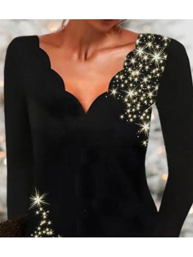 Elegant Form-Fitting Starry Sky Scalloped Neckline Long Sleeve Cocktail Dress - Image 2