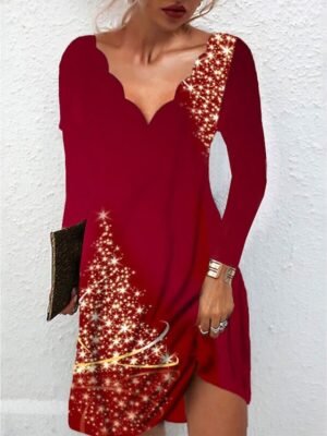 Elegant Form-Fitting Starry Sky Scalloped Neckline Long Sleeve Cocktail Dress - Image 6