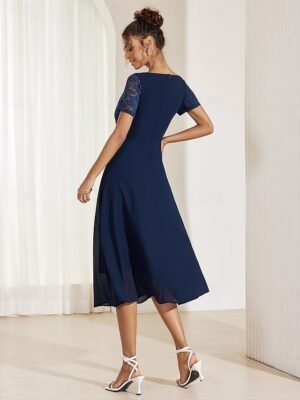 Elegant Formal A Line Contrast Lace Crew Neck Short Sleeve Midi Dress - Image 1