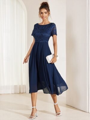Elegant Formal A Line Contrast Lace Crew Neck Short Sleeve Midi Dress - Image 2