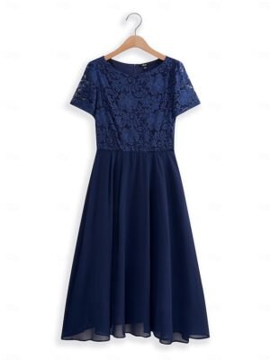 Elegant Formal A Line Contrast Lace Crew Neck Short Sleeve Midi Dress - Image 3