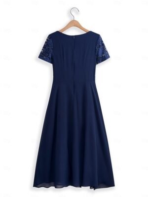 Elegant Formal A Line Contrast Lace Crew Neck Short Sleeve Midi Dress - Image 4