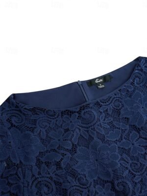 Elegant Formal A Line Contrast Lace Crew Neck Short Sleeve Midi Dress - Image 8
