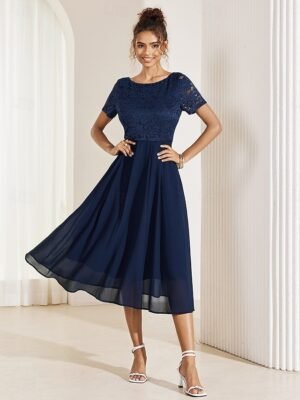 Elegant Formal A Line Contrast Lace Crew Neck Short Sleeve Midi Dress - Image 9